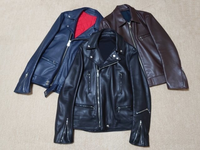 色と仕立ての異なるレザージャケット。素材や表面加工に合うケアが必要です。